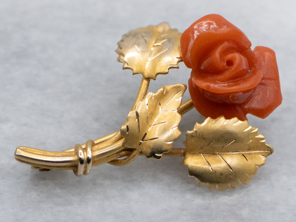 Vintage 18-Karat Gold Carved Coral Rose Brooch