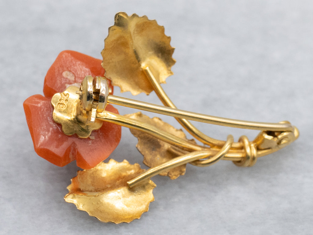 Vintage 18-Karat Gold Carved Coral Rose Brooch