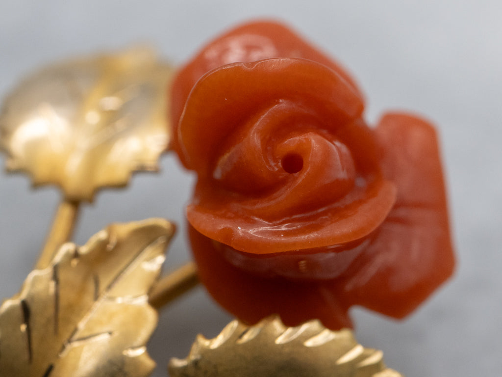 Vintage 18-Karat Gold Carved Coral Rose Brooch