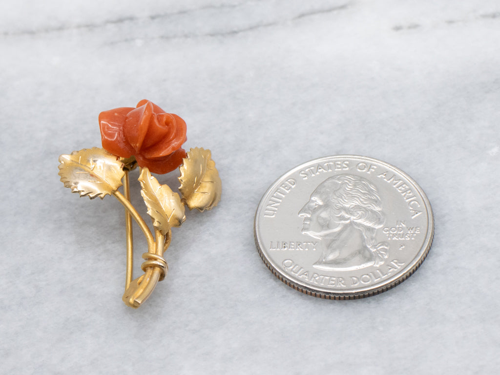 Vintage 18-Karat Gold Carved Coral Rose Brooch