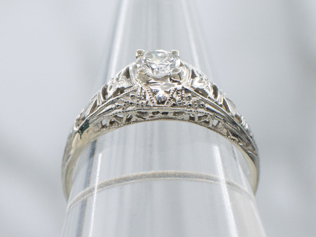 Floral Filigree Diamond Solitaire Engagement Ring