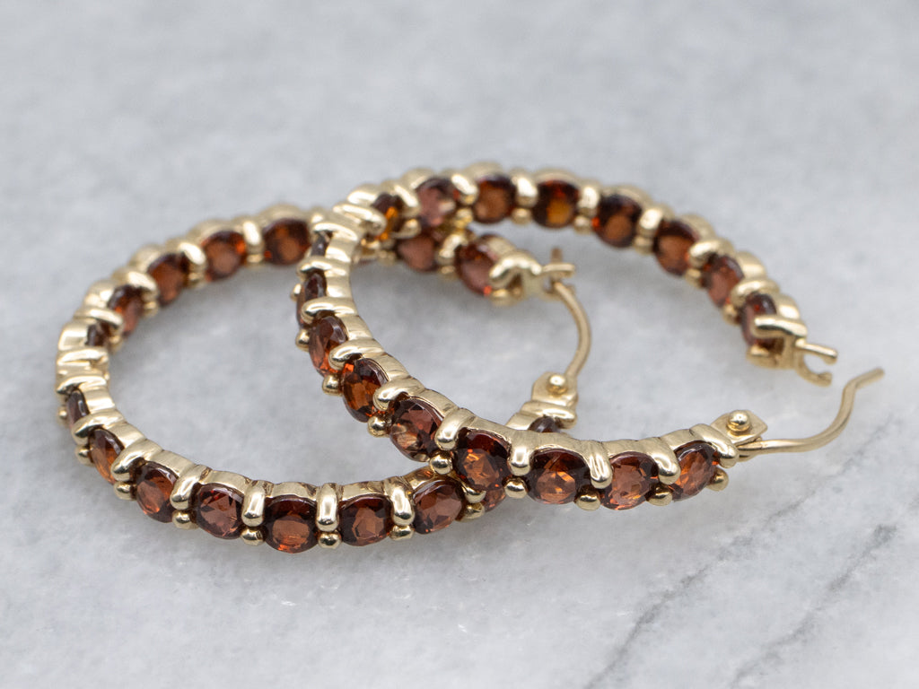 Yellow Gold Garnet Gemstone Hoop Earrings