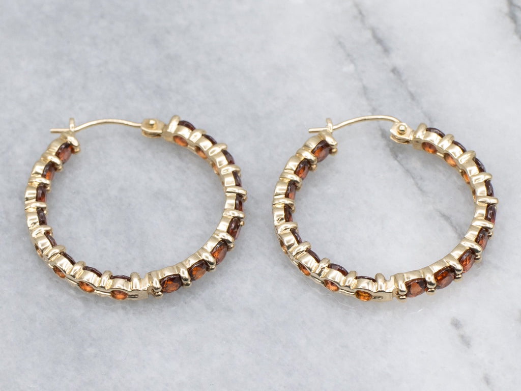 Yellow Gold Garnet Gemstone Hoop Earrings