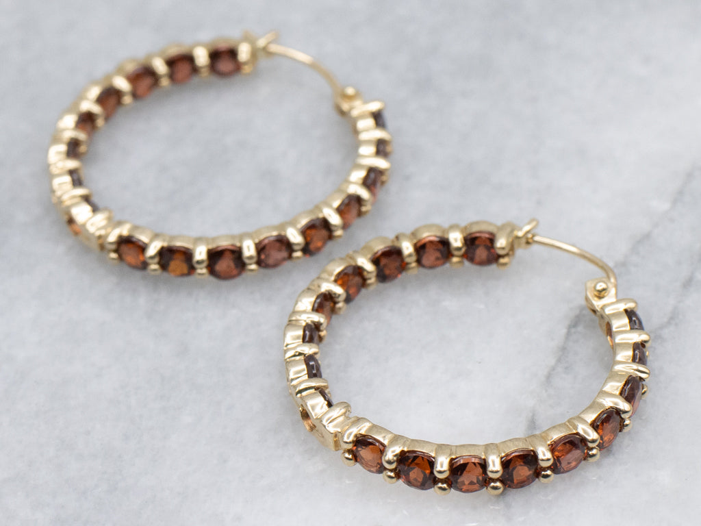 Yellow Gold Garnet Gemstone Hoop Earrings