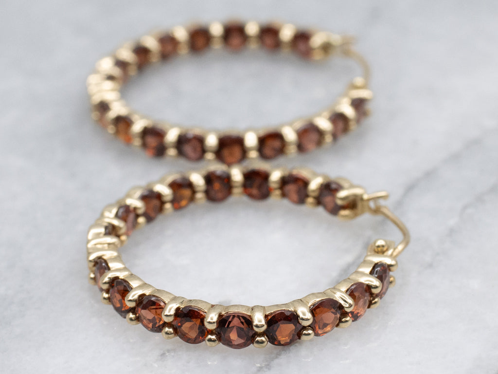 Yellow Gold Garnet Gemstone Hoop Earrings
