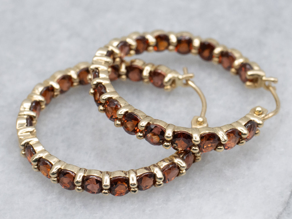 Yellow Gold Garnet Gemstone Hoop Earrings