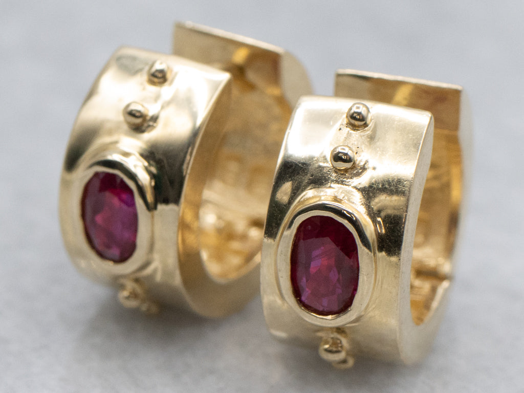 Yellow Gold Bezel-Set Ruby Huggie Hoop Earrings