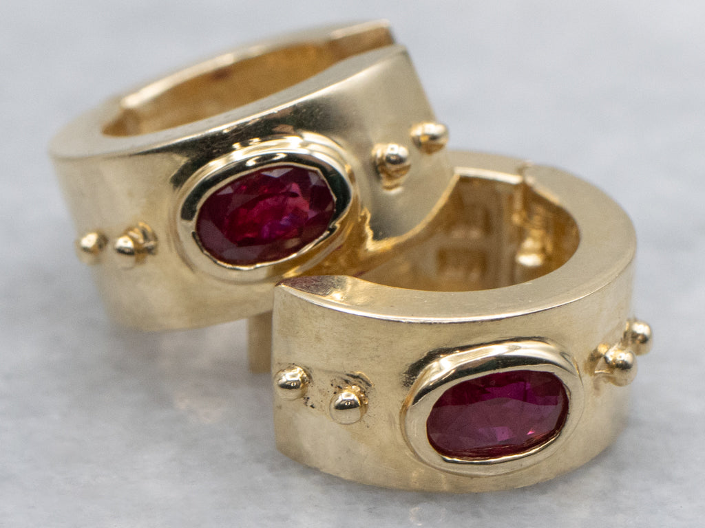 Yellow Gold Bezel-Set Ruby Huggie Hoop Earrings