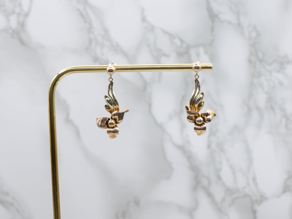 Two-Tone Gold Floral Drop Earrings from Vintage Parts