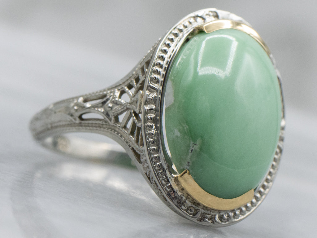 Antique Green Variscite Two-Tone Gold Filigree Solitaire Ring