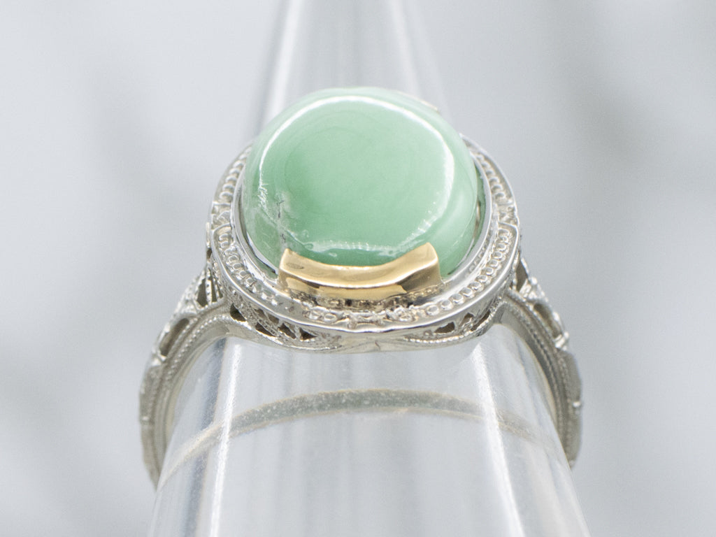 Antique Green Variscite Two-Tone Gold Filigree Solitaire Ring