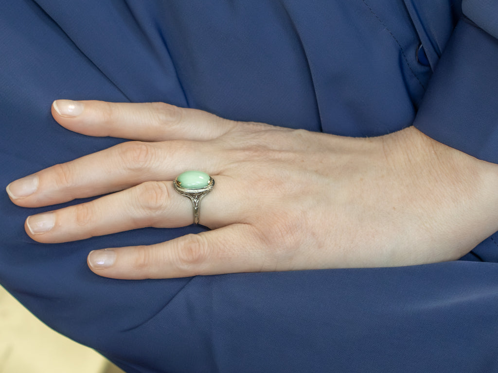 Antique Green Variscite Two-Tone Gold Filigree Solitaire Ring