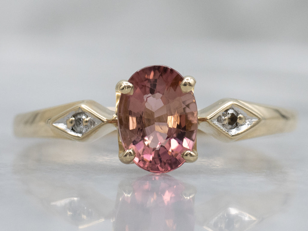 Pink Tourmaline and Diamond Three Stone Ring
