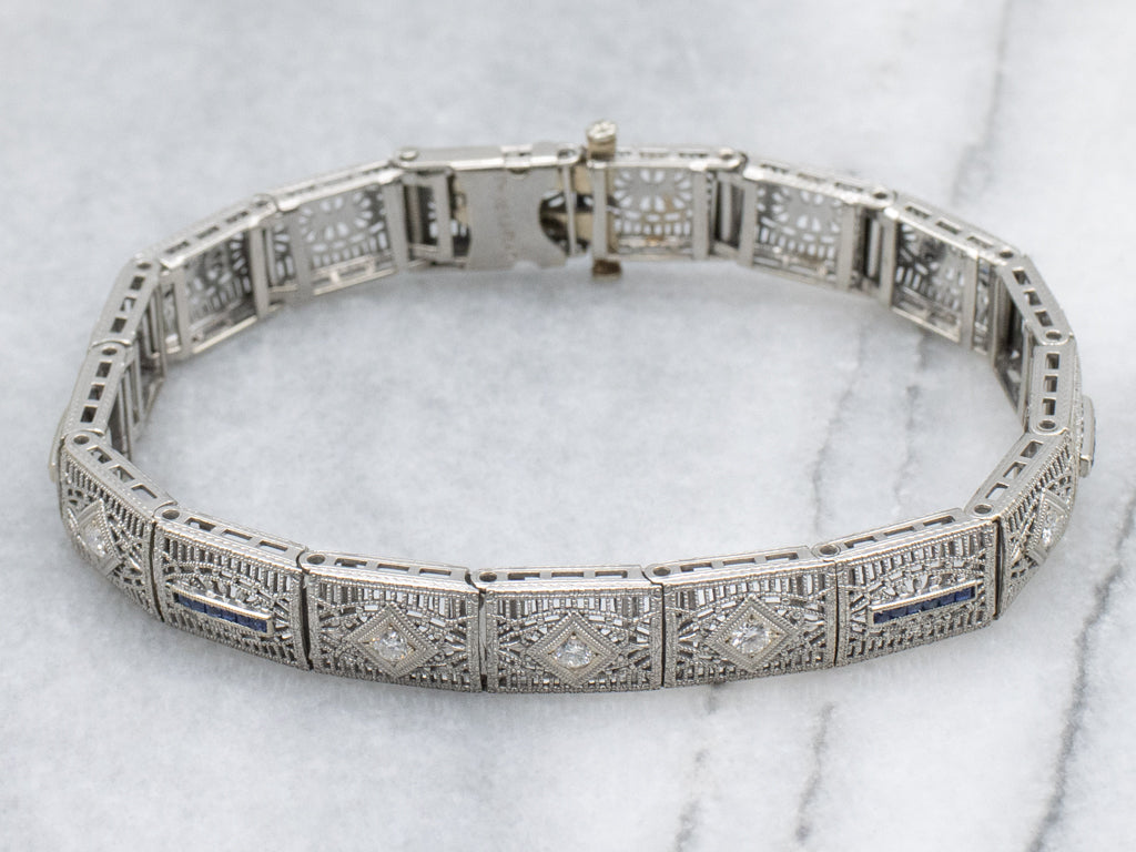 Art Deco Era Diamond and Sapphire Filigree Link Bracelet