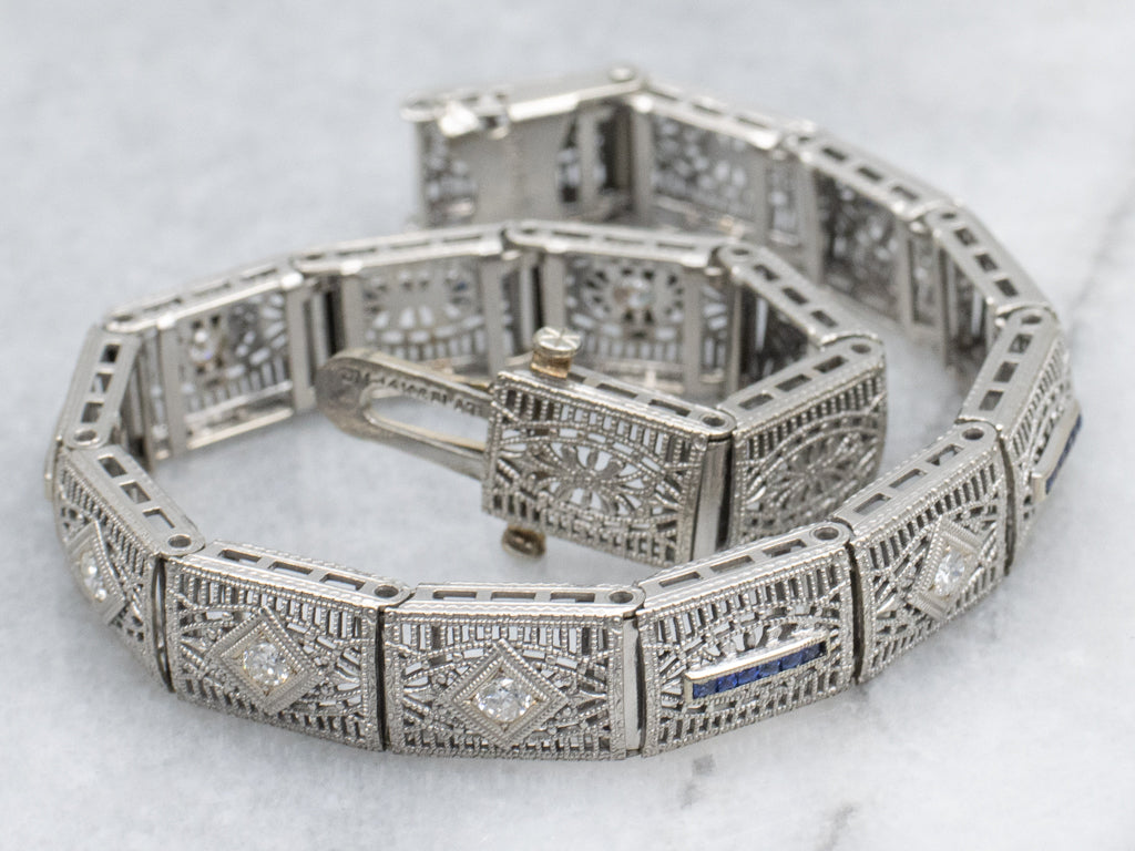 Art Deco Era Diamond and Sapphire Filigree Link Bracelet