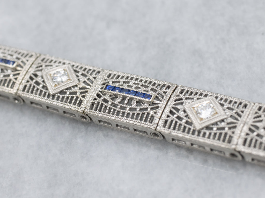 Art Deco Era Diamond and Sapphire Filigree Link Bracelet