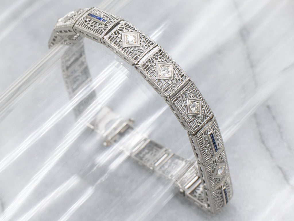 Art Deco Era Diamond and Sapphire Filigree Link Bracelet