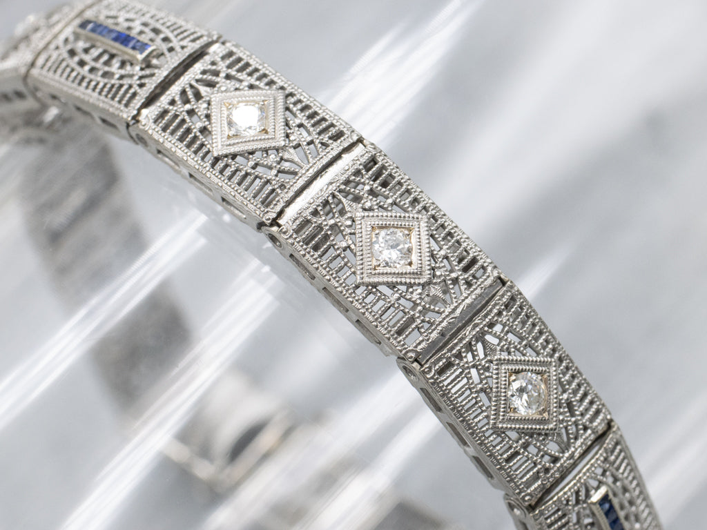 Art Deco Era Diamond and Sapphire Filigree Link Bracelet