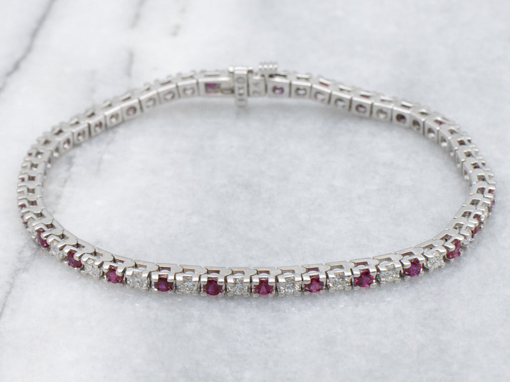 Modern Ruby and Diamond White Gold Tennis Bracelet