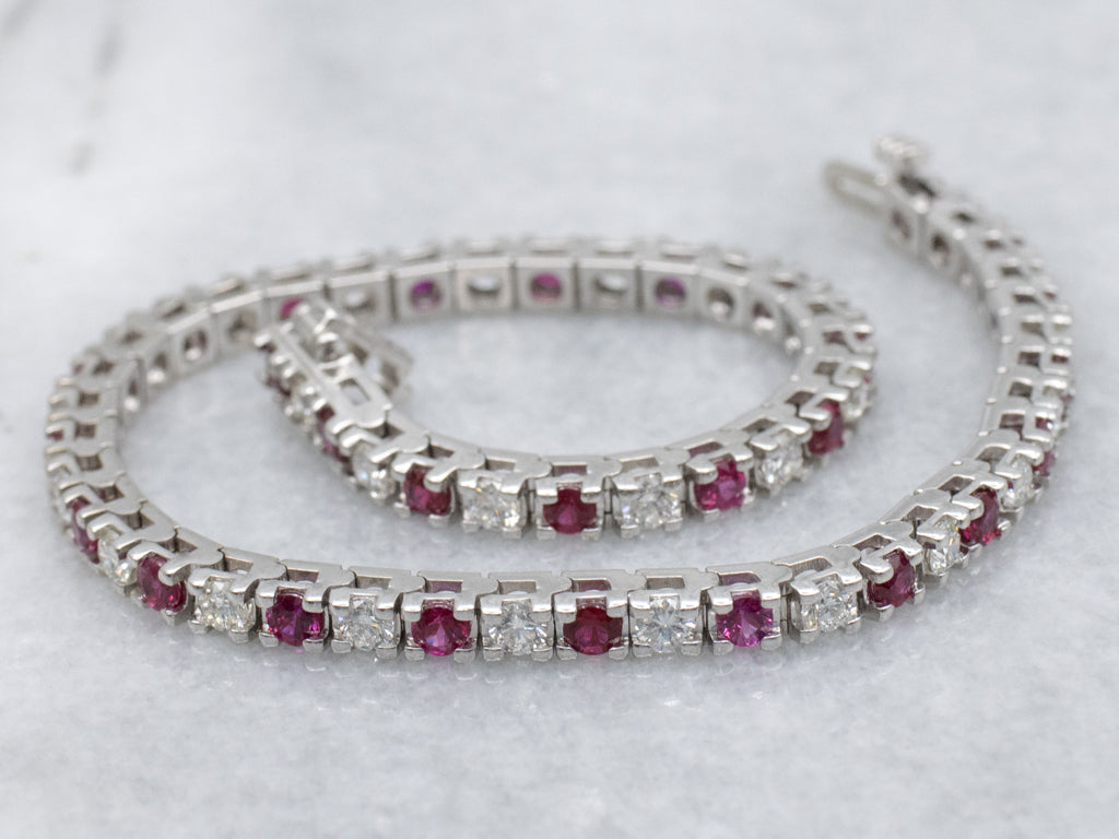 Modern Ruby and Diamond White Gold Tennis Bracelet