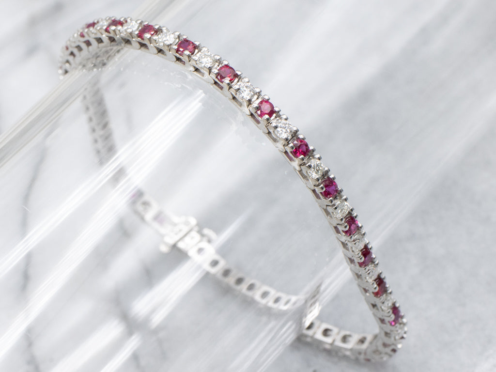 Modern Ruby and Diamond White Gold Tennis Bracelet