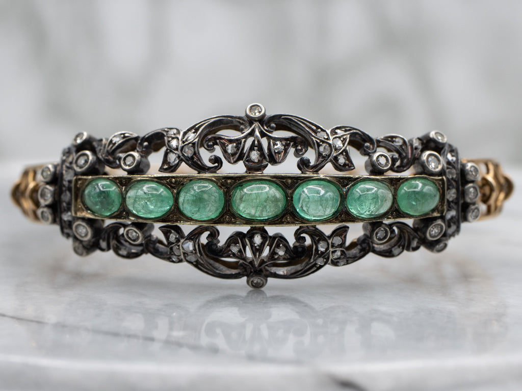 Emerald Cabochon and Diamond Antique Hinged Bracelet with Safety Chain