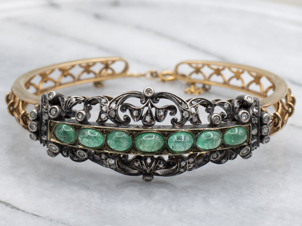 Emerald Cabochon and Diamond Antique Hinged Bracelet with Safety Chain