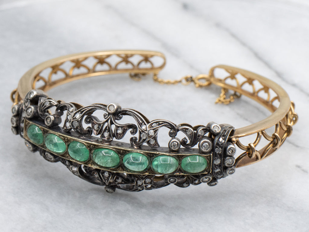 Emerald Cabochon and Diamond Antique Hinged Bracelet with Safety Chain