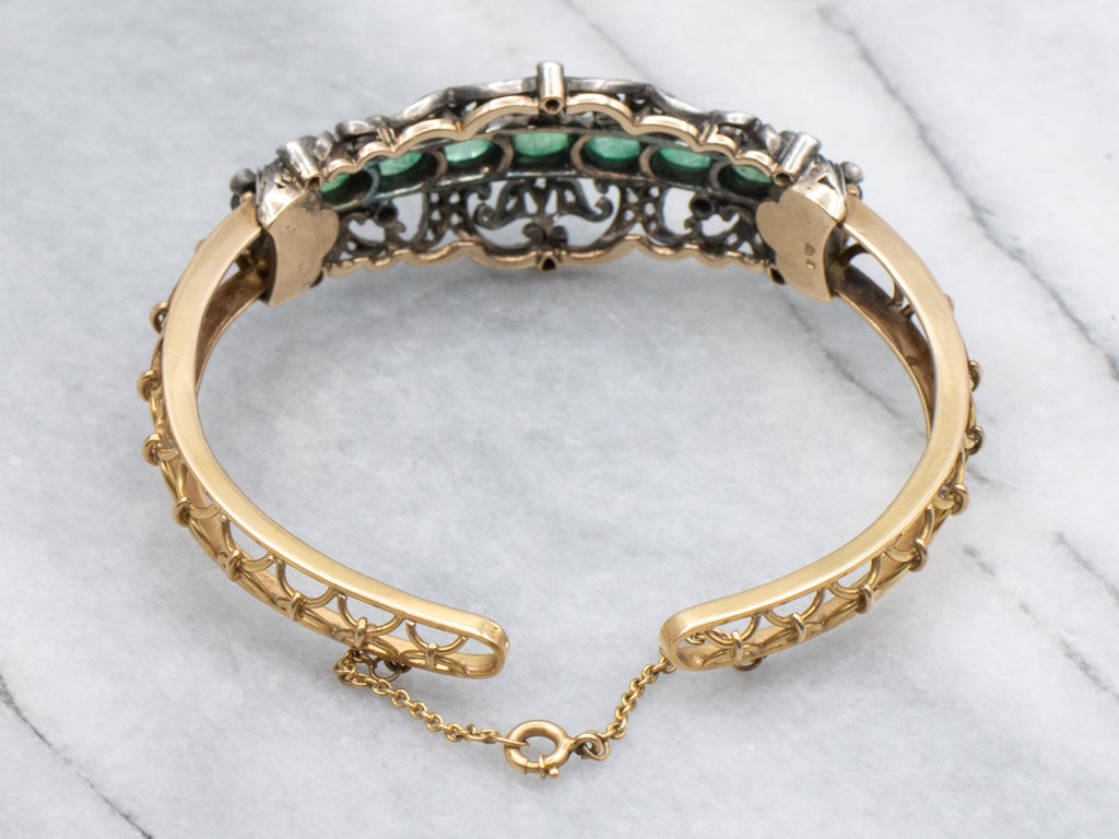Emerald Cabochon and Diamond Antique Hinged Bracelet with Safety Chain