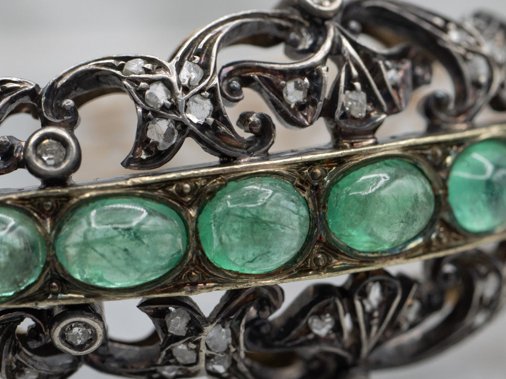 Emerald Cabochon and Diamond Antique Hinged Bracelet with Safety Chain