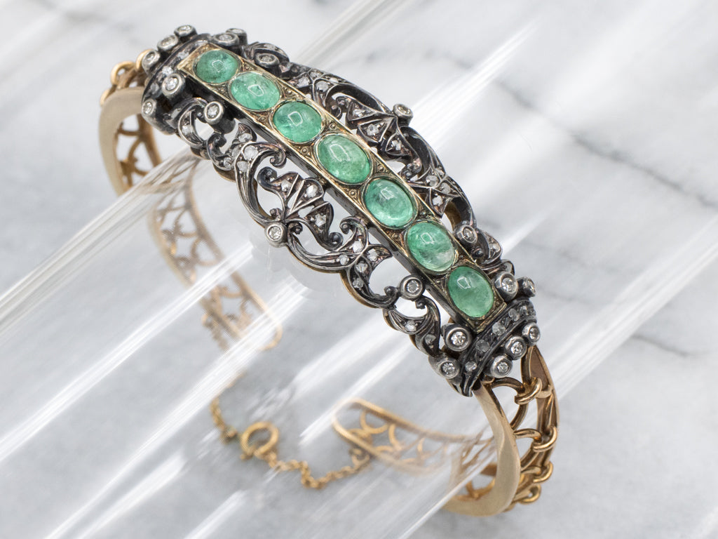Emerald Cabochon and Diamond Antique Hinged Bracelet with Safety Chain