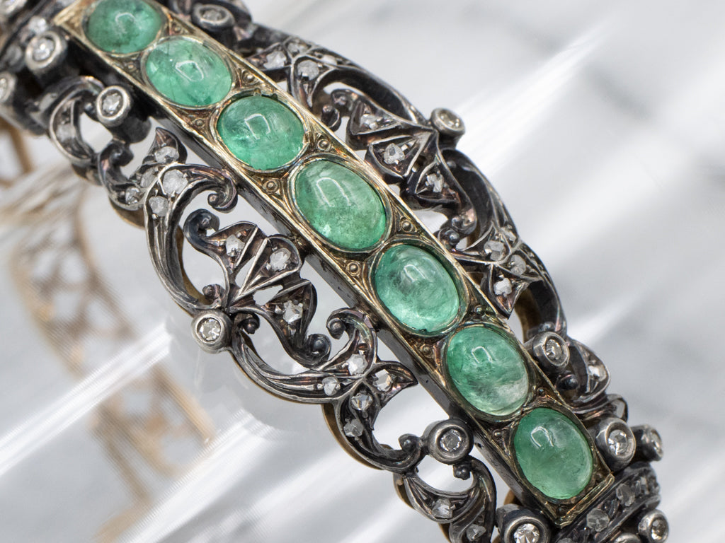 Emerald Cabochon and Diamond Antique Hinged Bracelet with Safety Chain
