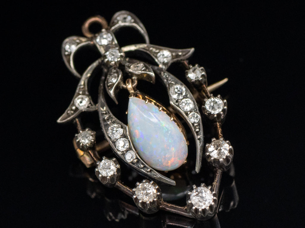 Antique Teardrop Opal and Old Mine Cut Diamond Brooch
