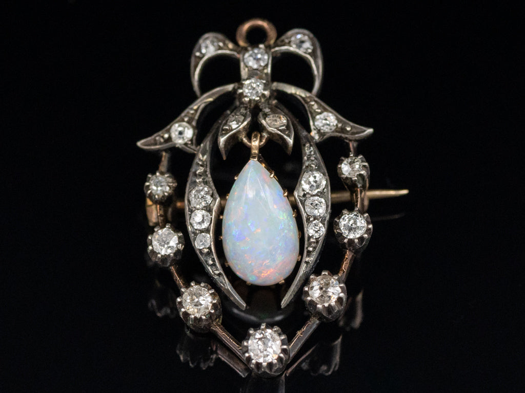 Antique Teardrop Opal and Old Mine Cut Diamond Brooch