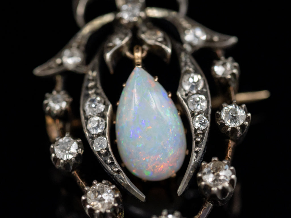 Antique Teardrop Opal and Old Mine Cut Diamond Brooch