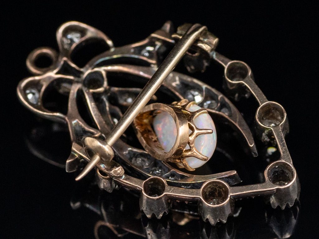 Antique Teardrop Opal and Old Mine Cut Diamond Brooch