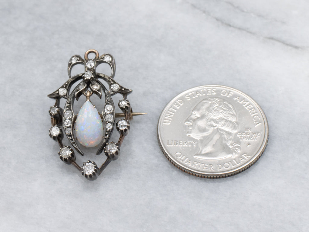 Antique Teardrop Opal and Old Mine Cut Diamond Brooch