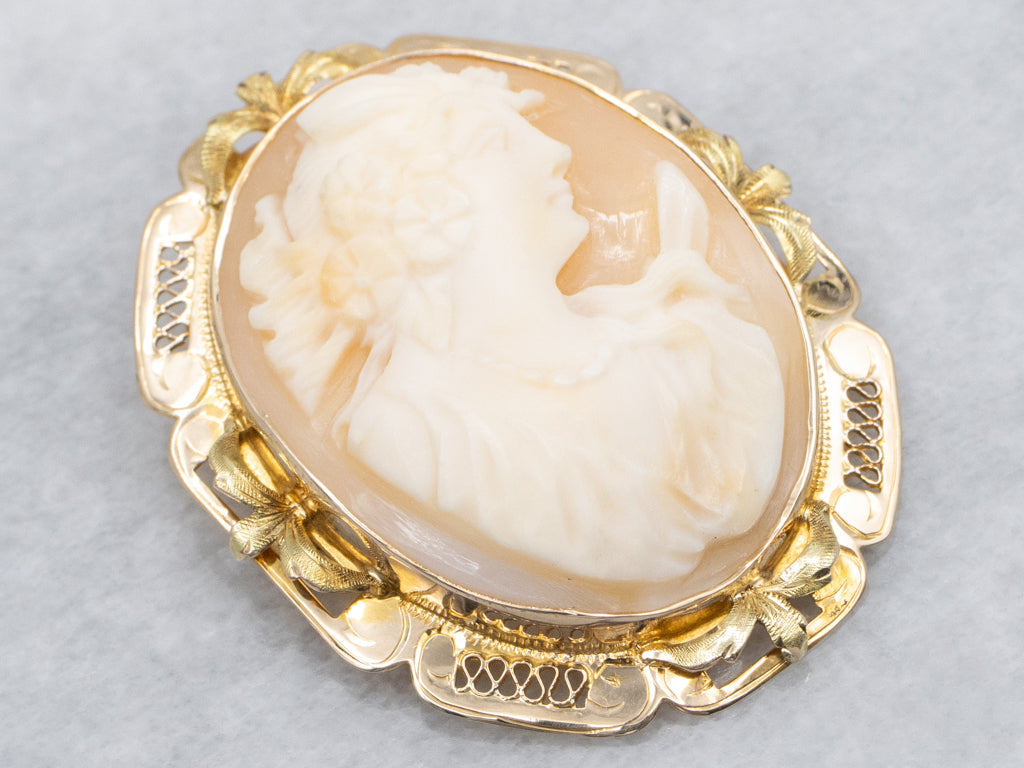Yellow Gold Filigree Cameo Brooch