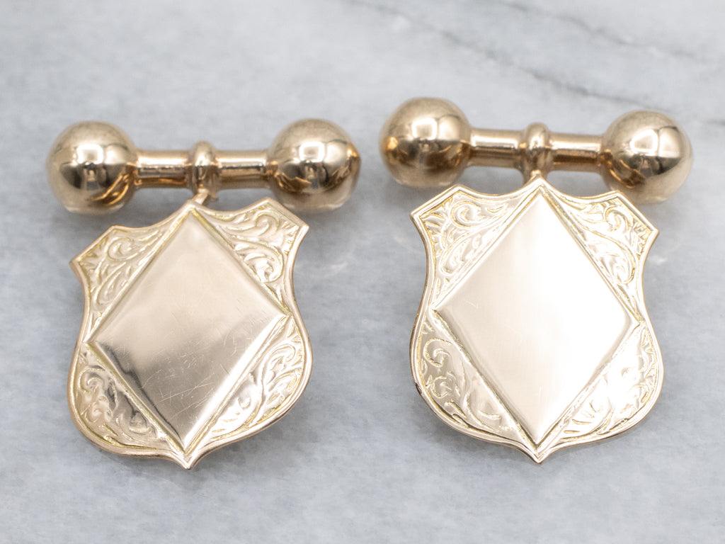 Victorian Gold Engraved Shield-Shaped and Barbell Cufflinks