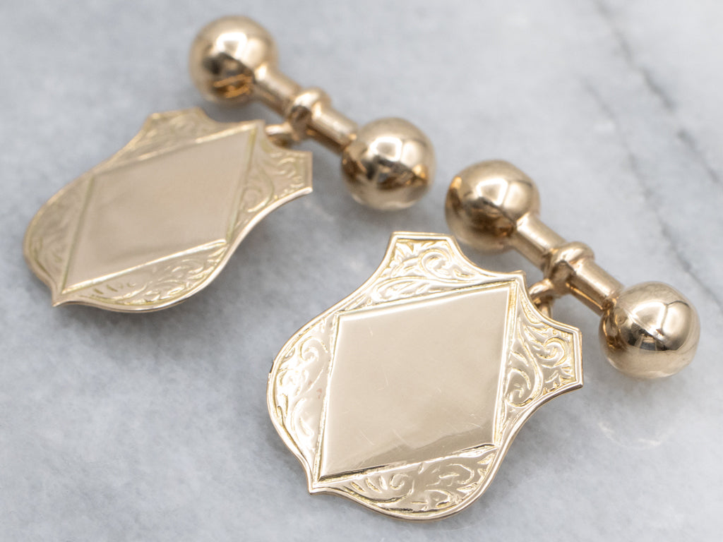 Victorian Gold Engraved Shield-Shaped and Barbell Cufflinks