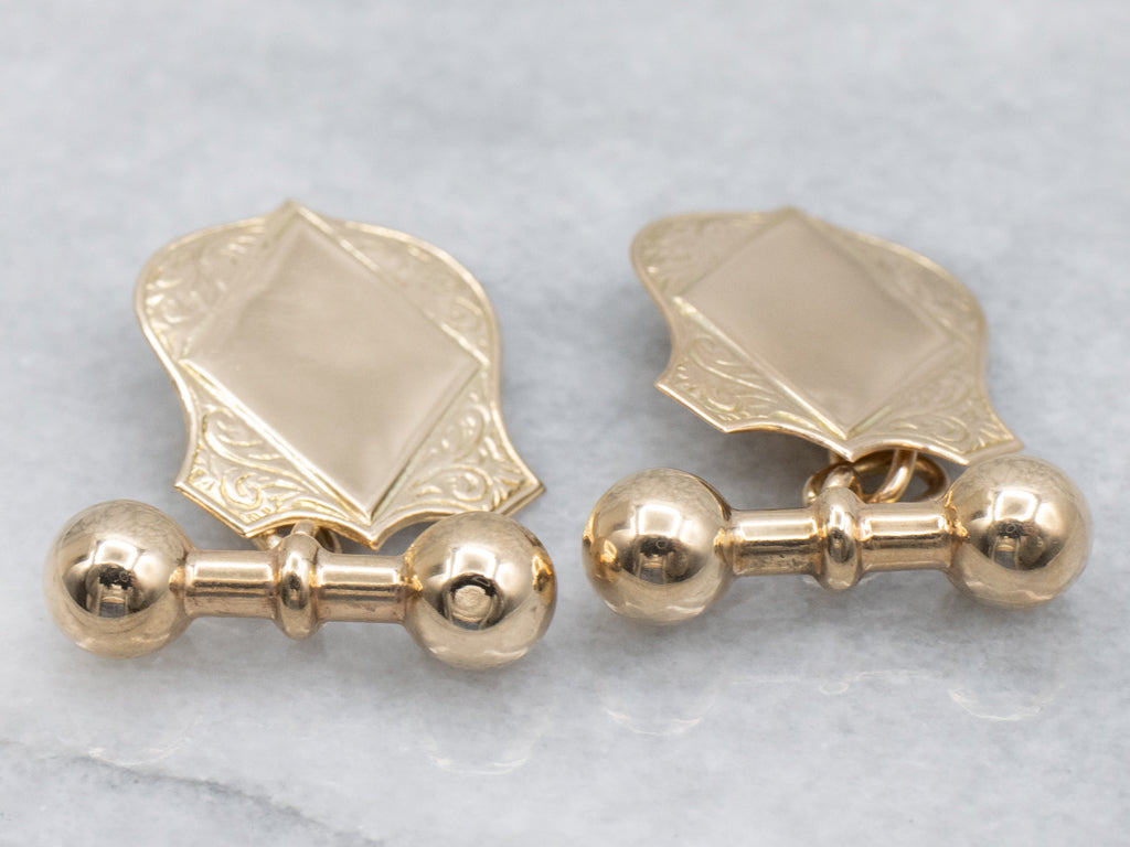 Victorian Gold Engraved Shield-Shaped and Barbell Cufflinks