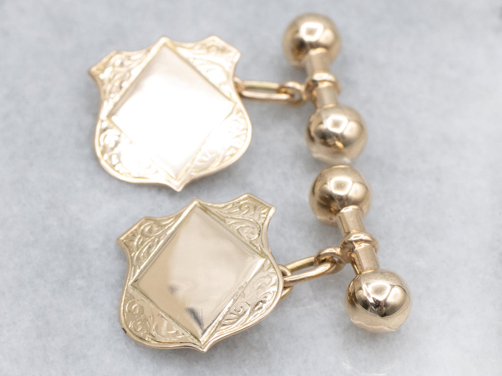 Victorian Gold Engraved Shield-Shaped and Barbell Cufflinks