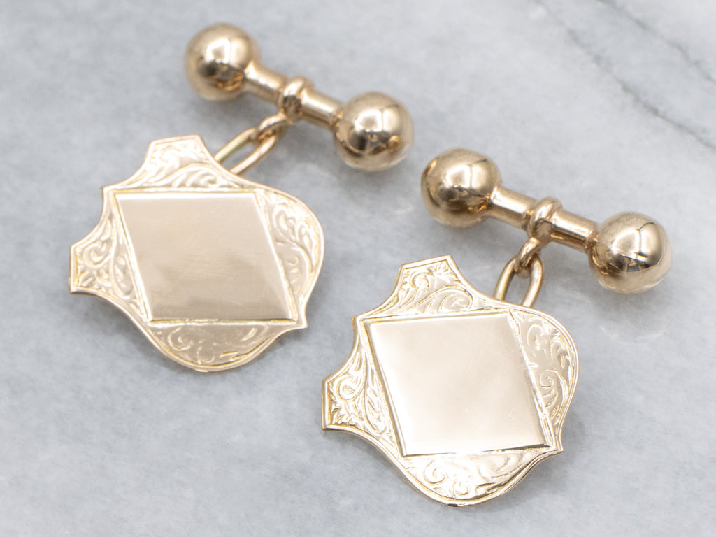 Victorian Gold Engraved Shield-Shaped and Barbell Cufflinks