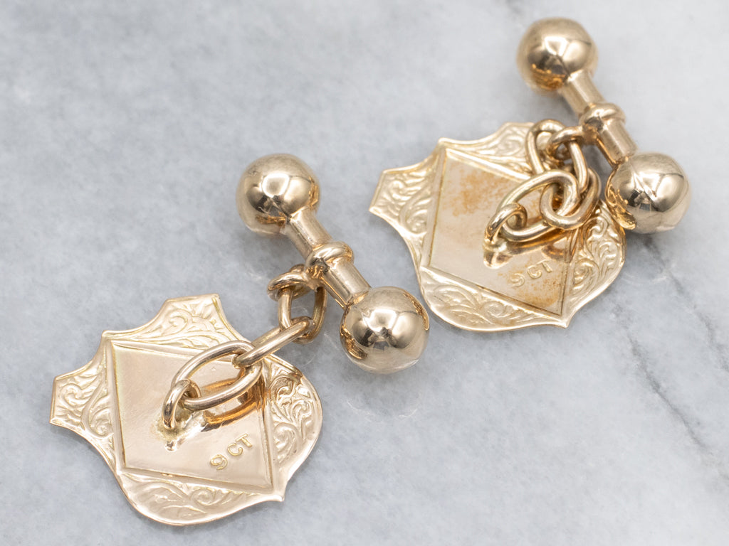 Victorian Gold Engraved Shield-Shaped and Barbell Cufflinks