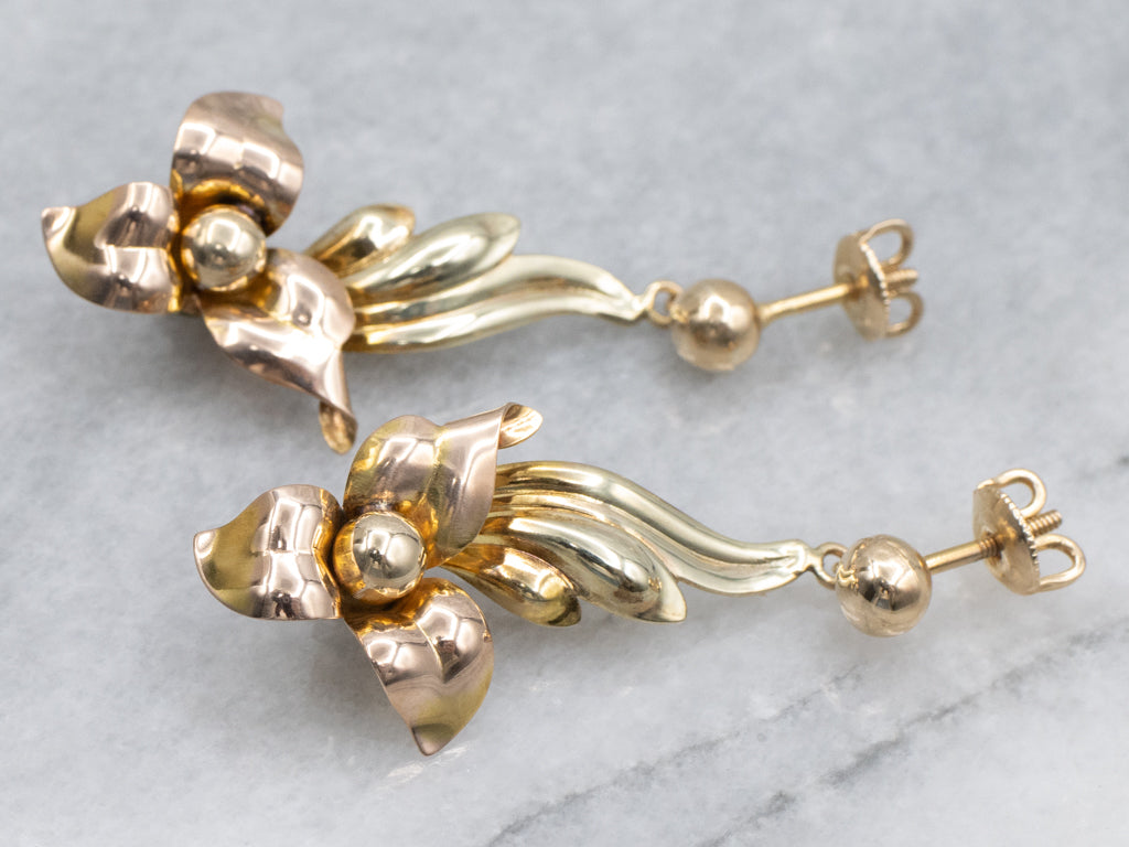 Two-Tone Gold Floral Drop Earrings from Vintage Parts