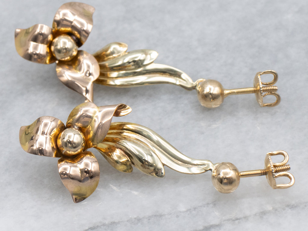 Two-Tone Gold Floral Drop Earrings from Vintage Parts