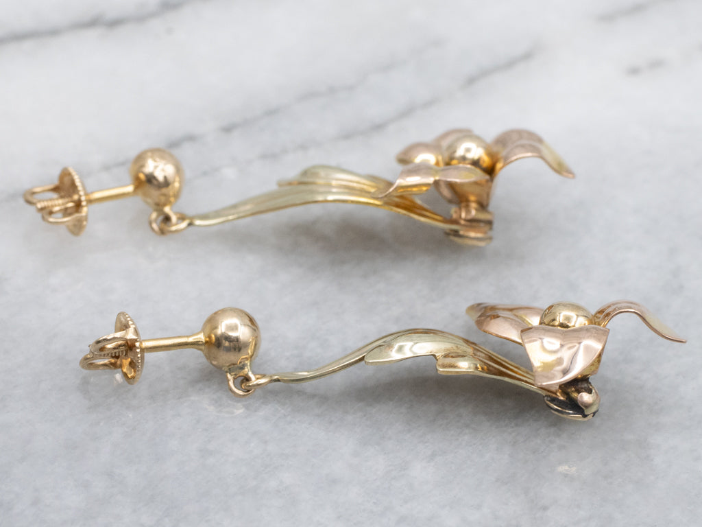 Two-Tone Gold Floral Drop Earrings from Vintage Parts