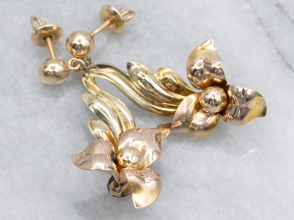 Two-Tone Gold Floral Drop Earrings from Vintage Parts