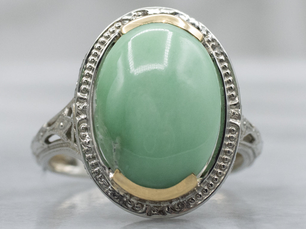 Antique Green Variscite Two-Tone Gold Filigree Solitaire Ring