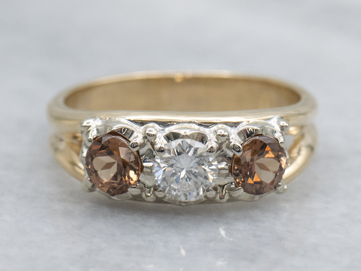 Round-Brilliant Diamond and Mali Garnet Split Shank Ring